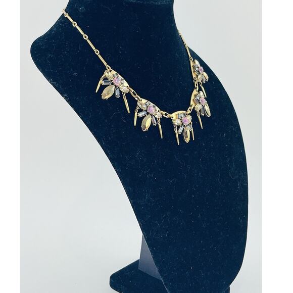 J. Crew Gold Tone Rhinestones Pink Spike Dangles Necklace Smoky Black White Flor - Picture 3 of 16